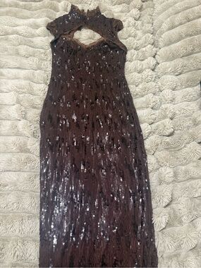 Brown Sequin Evening Dress with Keyhole Neck